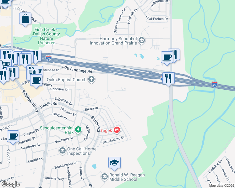 map of restaurants, bars, coffee shops, grocery stores, and more near 4302 Westcliff Road in Grand Prairie