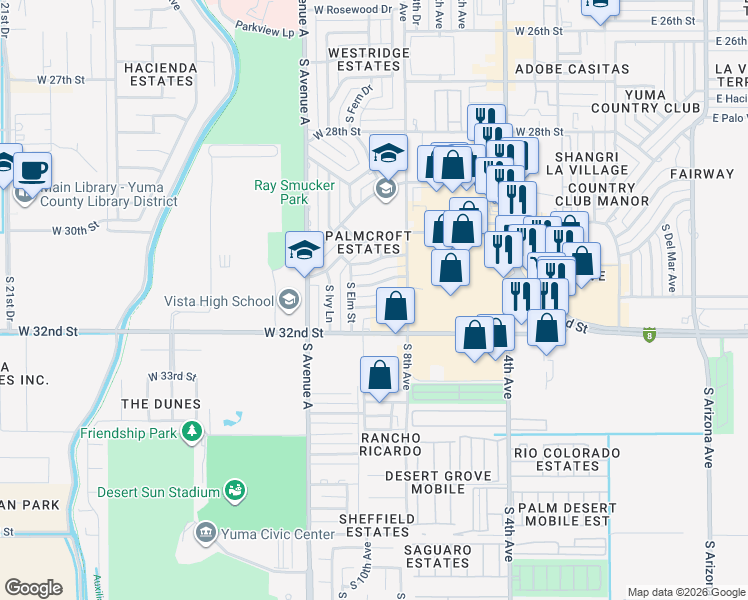 map of restaurants, bars, coffee shops, grocery stores, and more near 855 W Cactus Dr in Yuma
