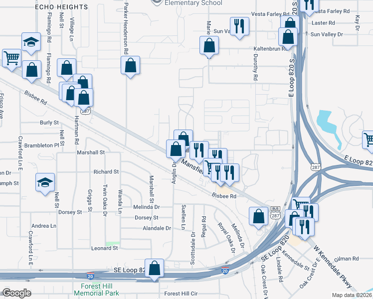 map of restaurants, bars, coffee shops, grocery stores, and more near 4900 Collett Little Road in Fort Worth