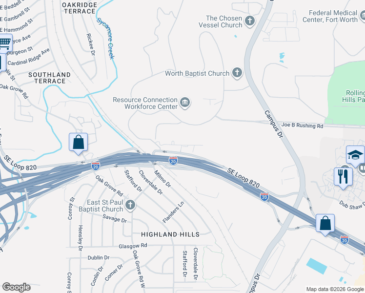 map of restaurants, bars, coffee shops, grocery stores, and more near 2151 Southeast Loop 820 in Fort Worth