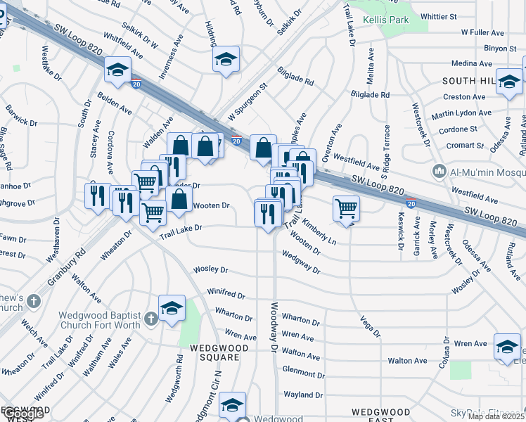 map of restaurants, bars, coffee shops, grocery stores, and more near 5056 Trail Lake Drive in Fort Worth