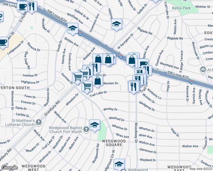 map of restaurants, bars, coffee shops, grocery stores, and more near 5252 Trail Lake Drive in Fort Worth