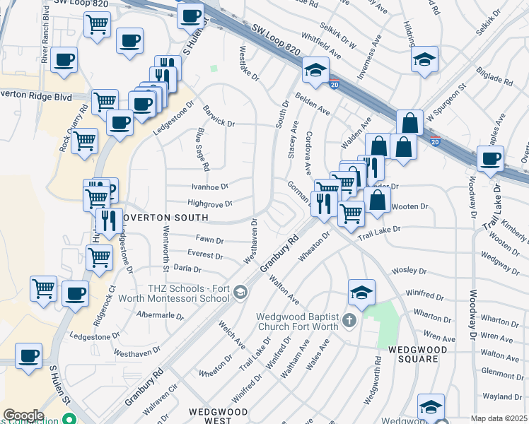 map of restaurants, bars, coffee shops, grocery stores, and more near 4321 Segura Court South in Fort Worth