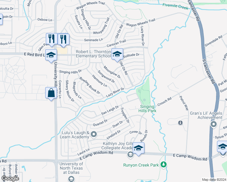 map of restaurants, bars, coffee shops, grocery stores, and more near 6328 Harmony Lane in Dallas