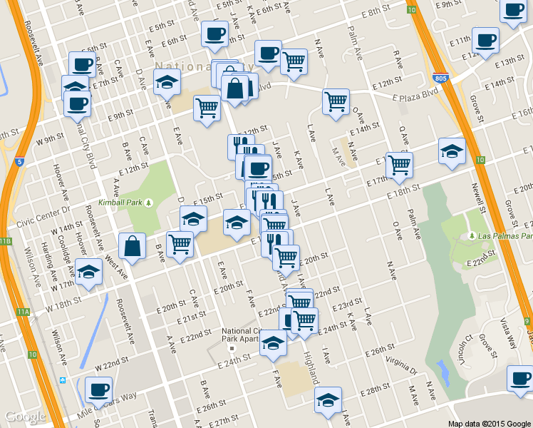 map of restaurants, bars, coffee shops, grocery stores, and more near 1641 Highland Avenue in National City