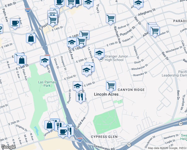 map of restaurants, bars, coffee shops, grocery stores, and more near 2245 South Lanoitan Avenue in National City