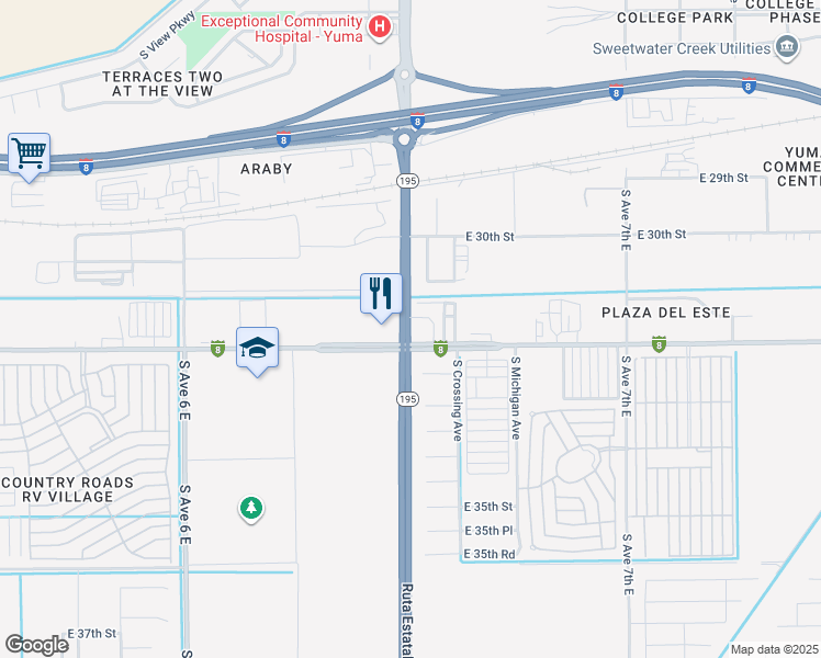 map of restaurants, bars, coffee shops, grocery stores, and more near 6513 East 32nd Street in Yuma