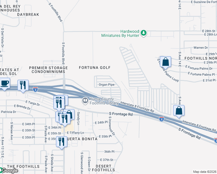 map of restaurants, bars, coffee shops, grocery stores, and more near 12300 North Frontage Road in Yuma