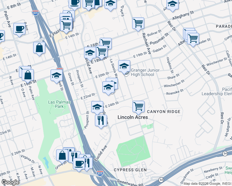 map of restaurants, bars, coffee shops, grocery stores, and more near 2245 South Lanoitan Avenue in National City