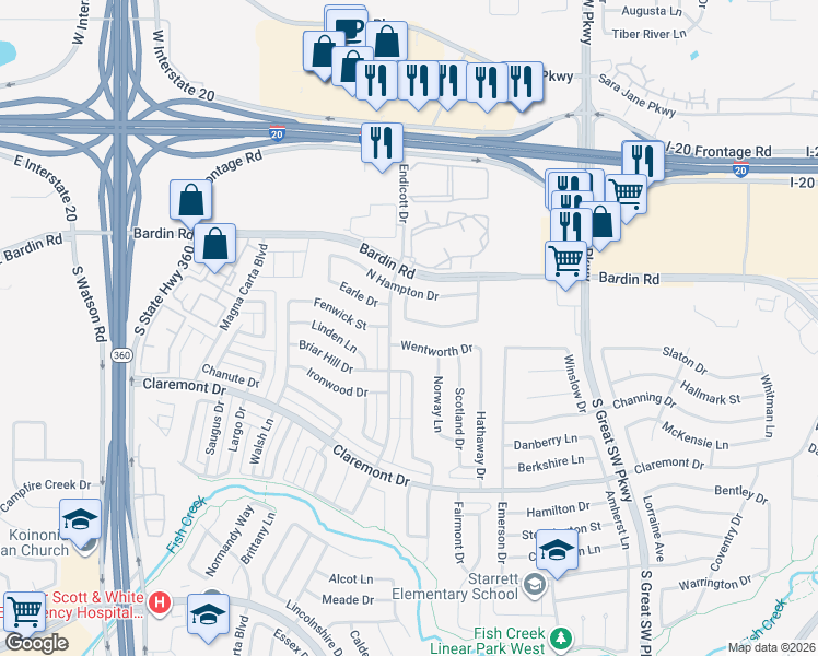 map of restaurants, bars, coffee shops, grocery stores, and more near 2767 Scarborough Drive in Grand Prairie