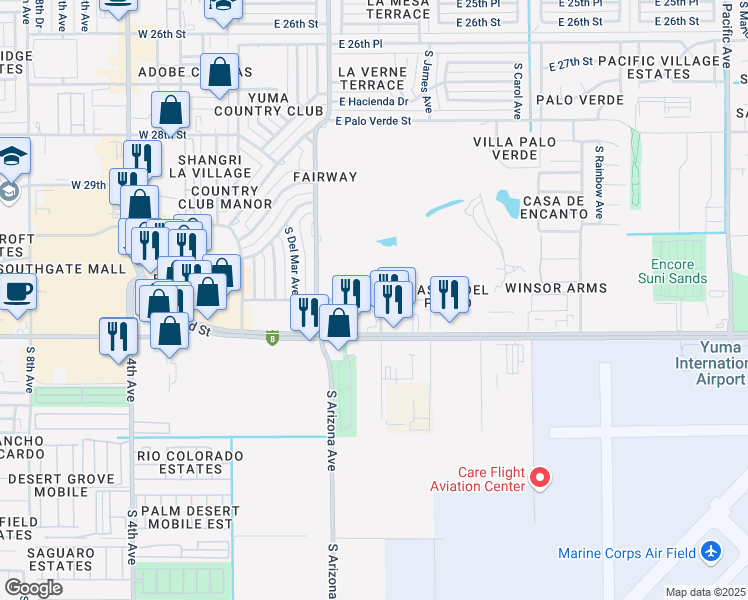 map of restaurants, bars, coffee shops, grocery stores, and more near 706 East 32nd Street in Yuma