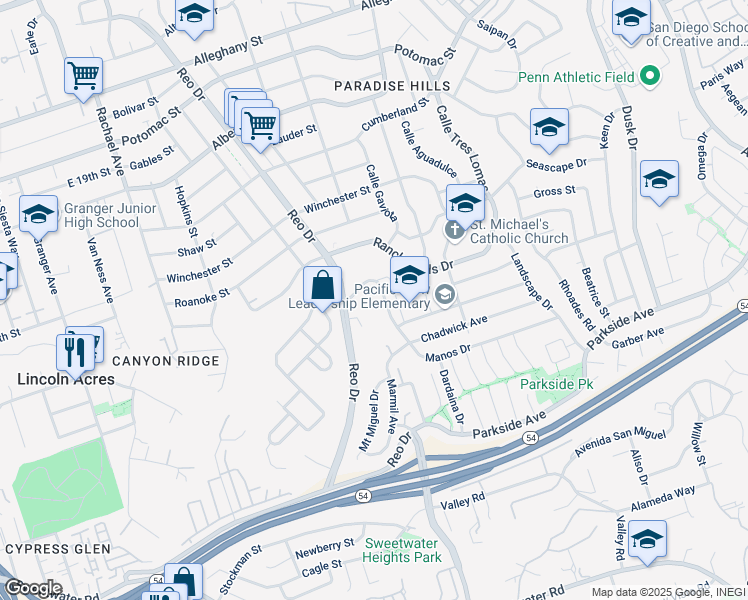 map of restaurants, bars, coffee shops, grocery stores, and more near 6046 Reo Place in San Diego