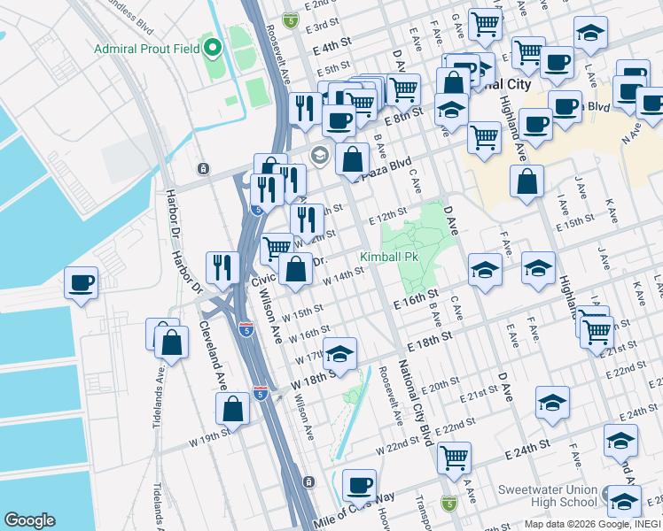 map of restaurants, bars, coffee shops, grocery stores, and more near 126 West 14th Street in National City