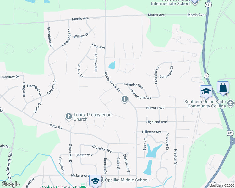 map of restaurants, bars, coffee shops, grocery stores, and more near 1800-1886 Rocky Brook Road in Opelika