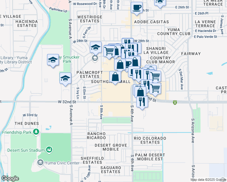 map of restaurants, bars, coffee shops, grocery stores, and more near 3150 South 4th Avenue in Yuma