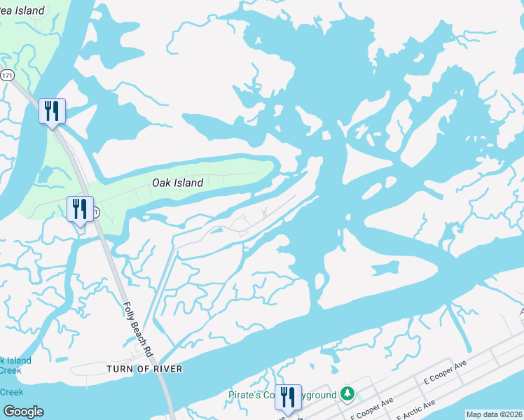 map of restaurants, bars, coffee shops, grocery stores, and more near 267 Little Oak Island Drive in Folly Beach