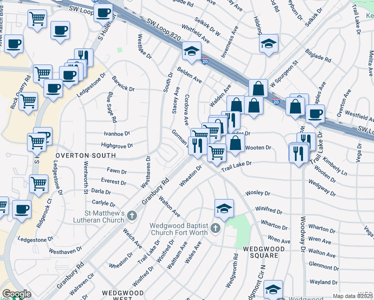 map of restaurants, bars, coffee shops, grocery stores, and more near 4304 Segura Court North in Fort Worth