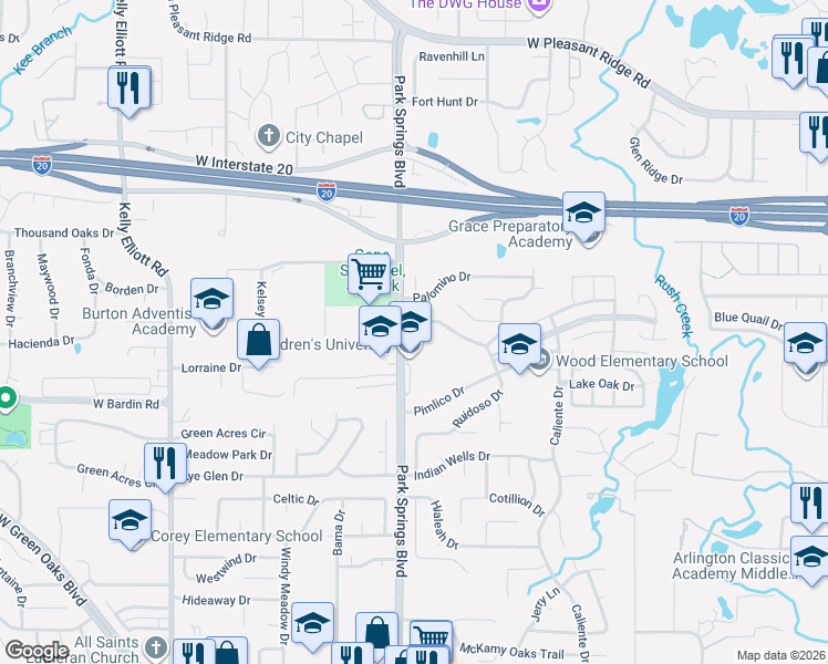 map of restaurants, bars, coffee shops, grocery stores, and more near 4621 Park Springs Boulevard in Arlington