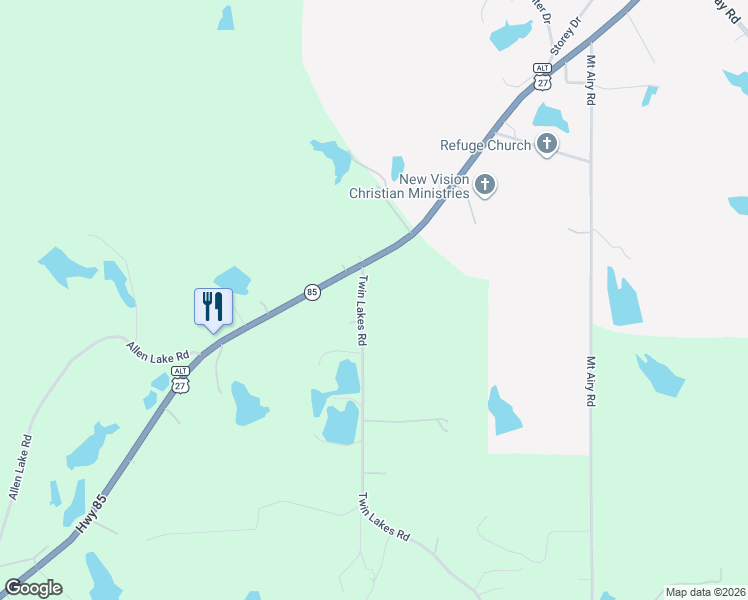 map of restaurants, bars, coffee shops, grocery stores, and more near 97 Twin Lakes Road in Waverly Hall