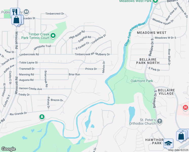 map of restaurants, bars, coffee shops, grocery stores, and more near 1800 Briar Run in Benbrook