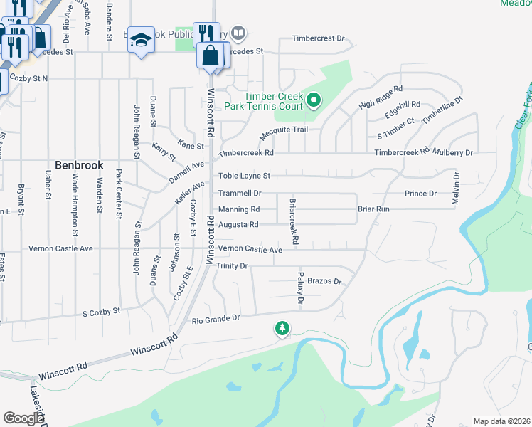 map of restaurants, bars, coffee shops, grocery stores, and more near 1220 Augusta Road in Benbrook