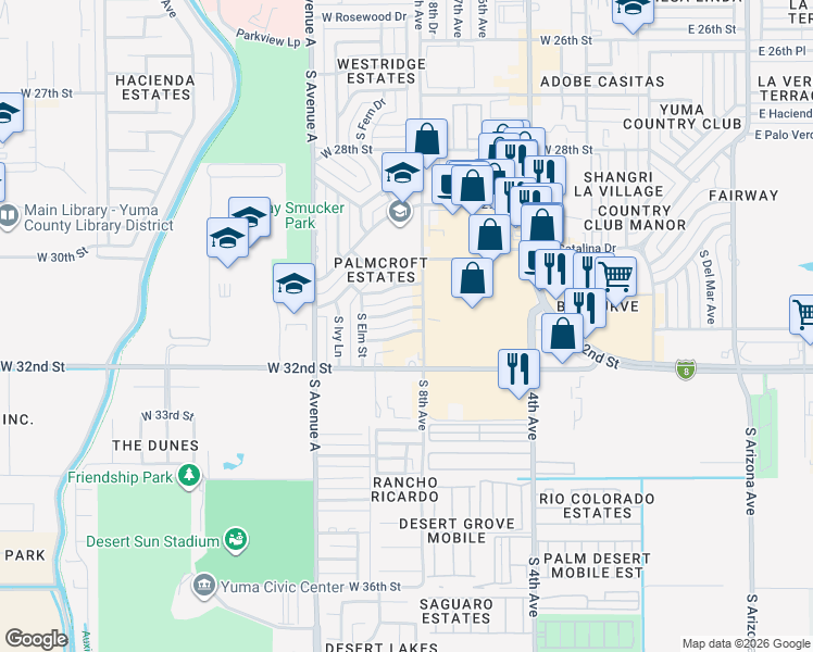 map of restaurants, bars, coffee shops, grocery stores, and more near 3098 West Park Lane in Yuma