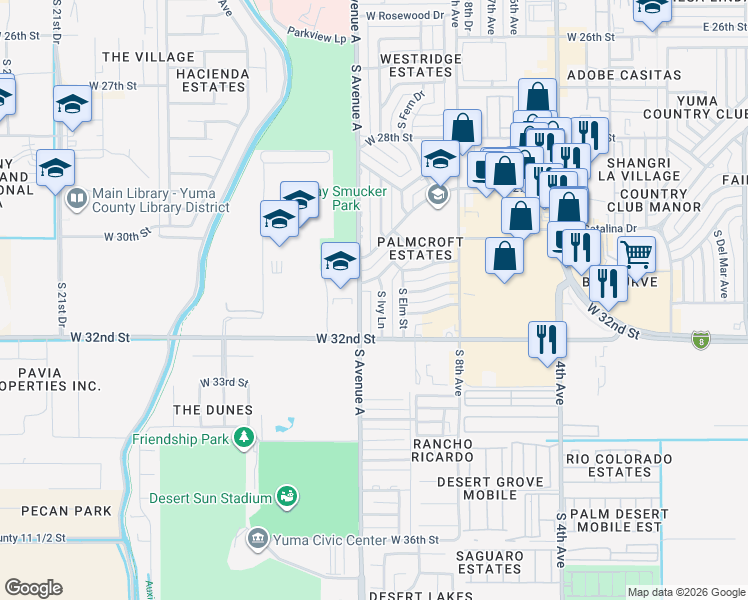 map of restaurants, bars, coffee shops, grocery stores, and more near 3099 South Avenue A in Yuma