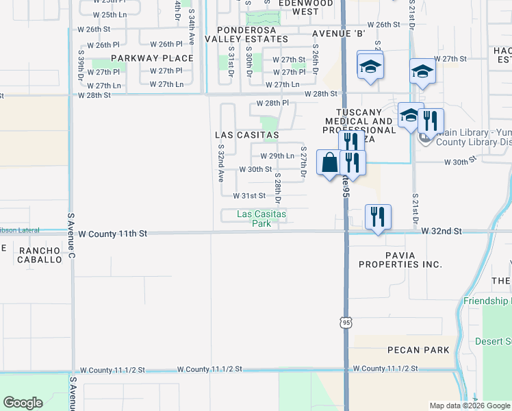 map of restaurants, bars, coffee shops, grocery stores, and more near 2996 West 31st Street in Yuma