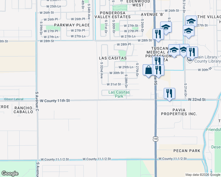 map of restaurants, bars, coffee shops, grocery stores, and more near 3091 South 31st Drive in Yuma