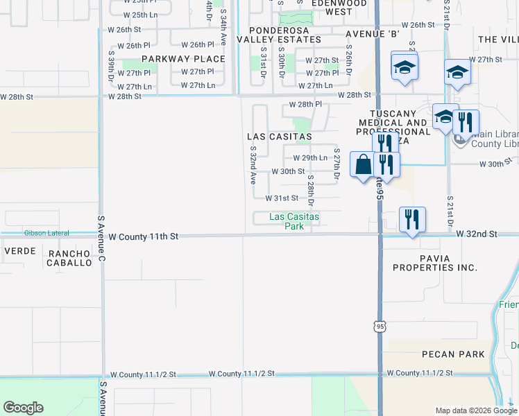 map of restaurants, bars, coffee shops, grocery stores, and more near 3091 South 31st Drive in Yuma