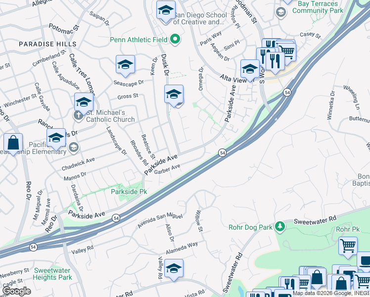 map of restaurants, bars, coffee shops, grocery stores, and more near 2875 Utica Drive in San Diego