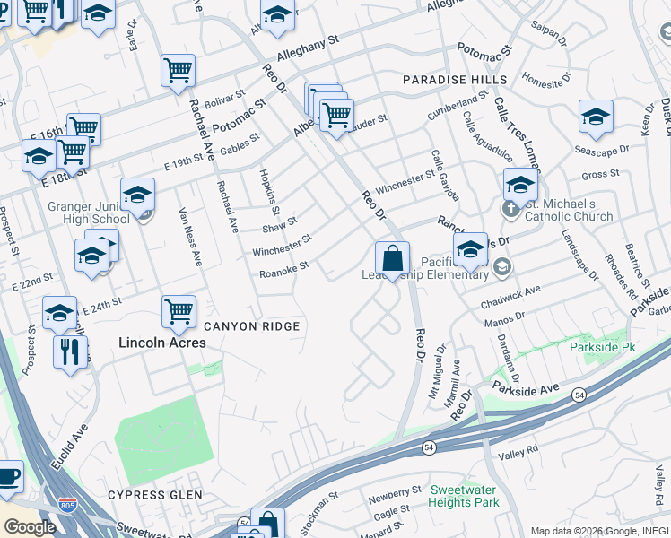 map of restaurants, bars, coffee shops, grocery stores, and more near 5779 Roanoke Street in San Diego