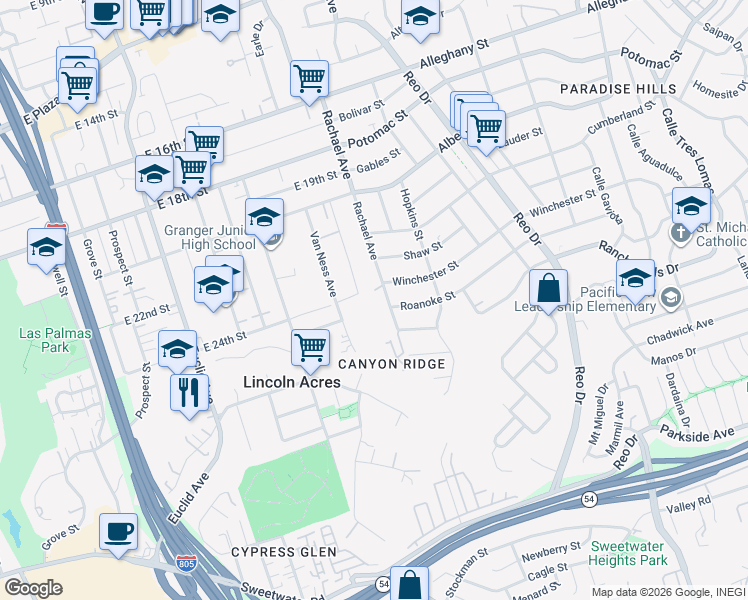 map of restaurants, bars, coffee shops, grocery stores, and more near 2330 Rachael Avenue in National City