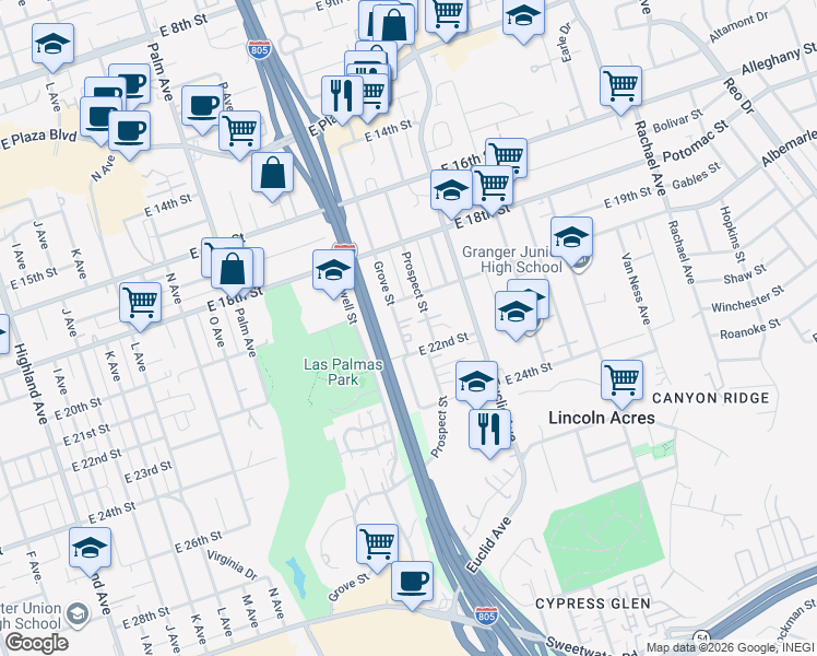 map of restaurants, bars, coffee shops, grocery stores, and more near 2005 Grove Street in National City