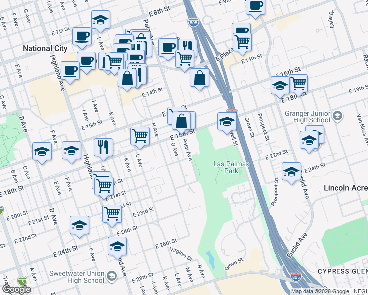 map of restaurants, bars, coffee shops, grocery stores, and more near 1810 Palm Avenue in National City
