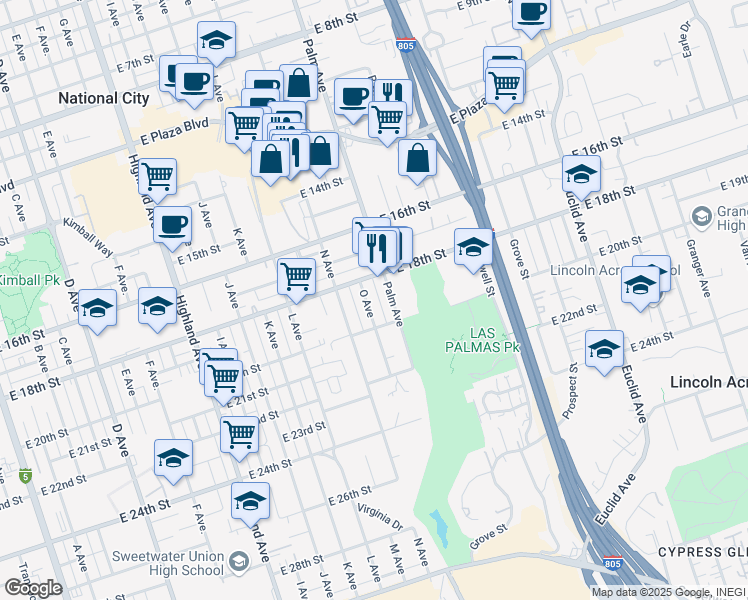 map of restaurants, bars, coffee shops, grocery stores, and more near 1810 Palm Avenue in National City