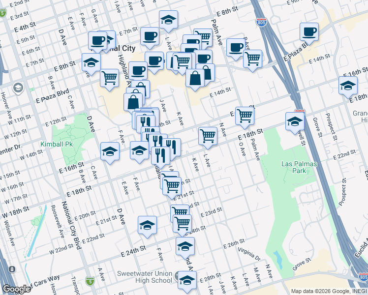 map of restaurants, bars, coffee shops, grocery stores, and more near 1029 East 17th Street in National City