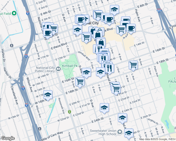 map of restaurants, bars, coffee shops, grocery stores, and more near 1429 E Avenue in National City