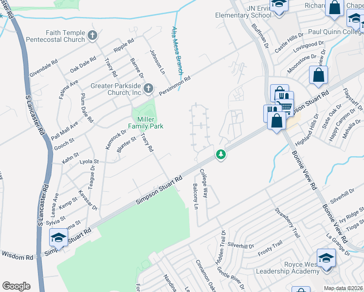 map of restaurants, bars, coffee shops, grocery stores, and more near 3035 Simpson Stuart Road in Dallas