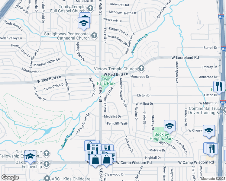 map of restaurants, bars, coffee shops, grocery stores, and more near 6317 Rock Canyon Trail in Dallas