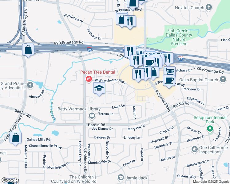 map of restaurants, bars, coffee shops, grocery stores, and more near 525 West Westchester Parkway in Grand Prairie