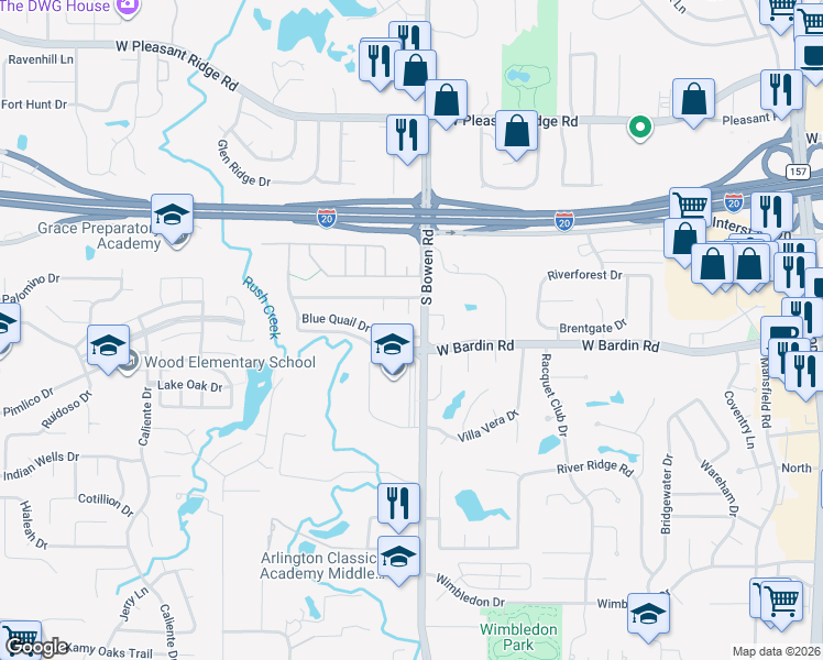 map of restaurants, bars, coffee shops, grocery stores, and more near 4502 Partridge Court in Arlington
