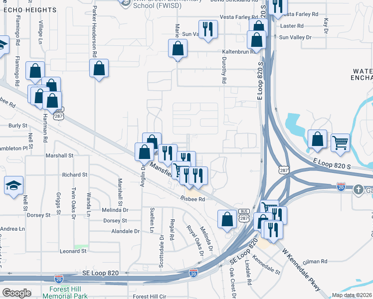 map of restaurants, bars, coffee shops, grocery stores, and more near 5205 Redwood Circle in Fort Worth