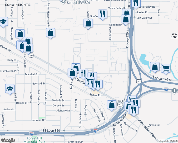 map of restaurants, bars, coffee shops, grocery stores, and more near 5205 Redwood Circle in Fort Worth