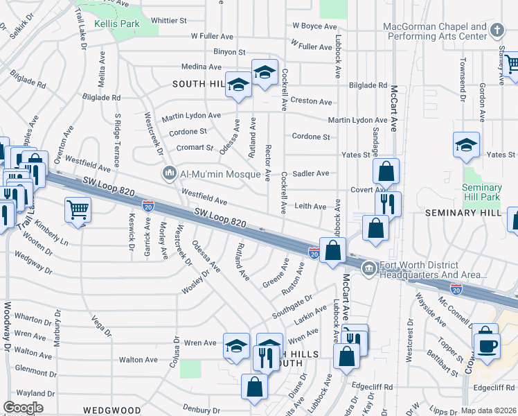 map of restaurants, bars, coffee shops, grocery stores, and more near 3117 Covert Avenue in Fort Worth