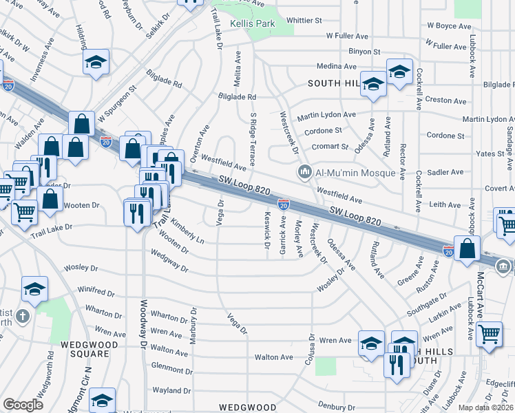 map of restaurants, bars, coffee shops, grocery stores, and more near 3550 Southwest Loop 820 in Fort Worth
