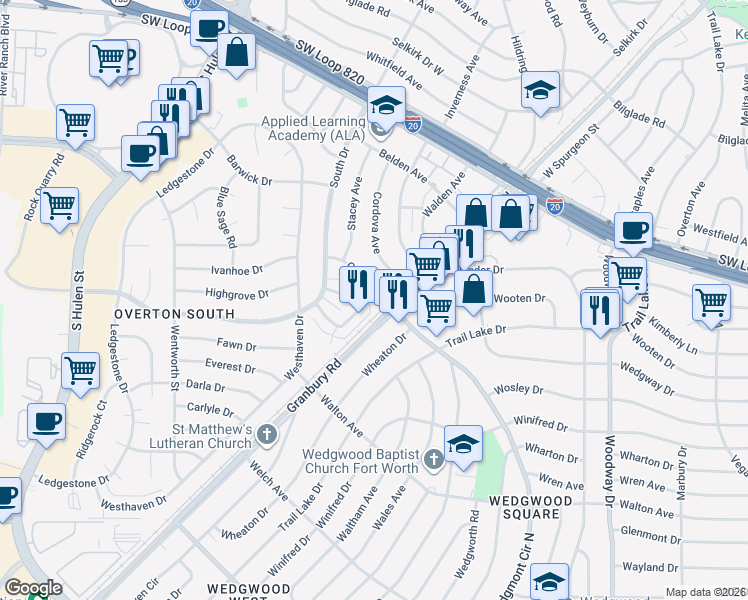 map of restaurants, bars, coffee shops, grocery stores, and more near 4327 Gorman Drive in Fort Worth