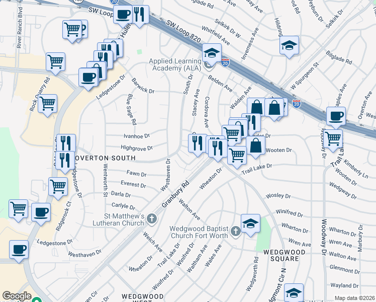 map of restaurants, bars, coffee shops, grocery stores, and more near 4334 Segura Court North in Fort Worth