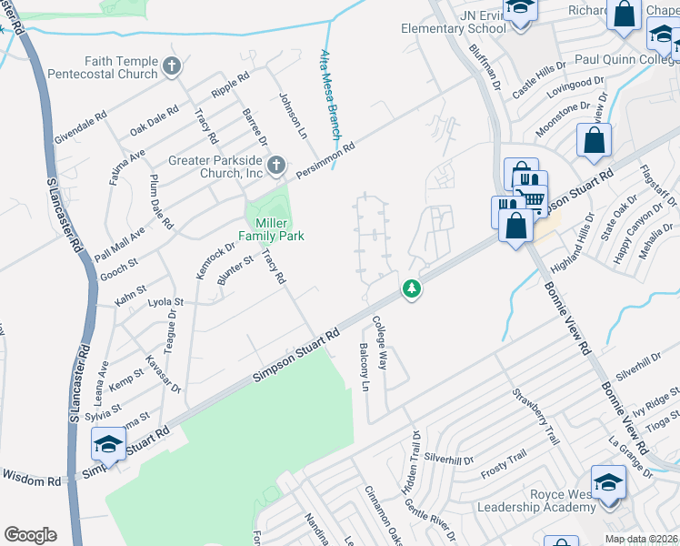 map of restaurants, bars, coffee shops, grocery stores, and more near 3035 Simpson Stuart Road in Dallas