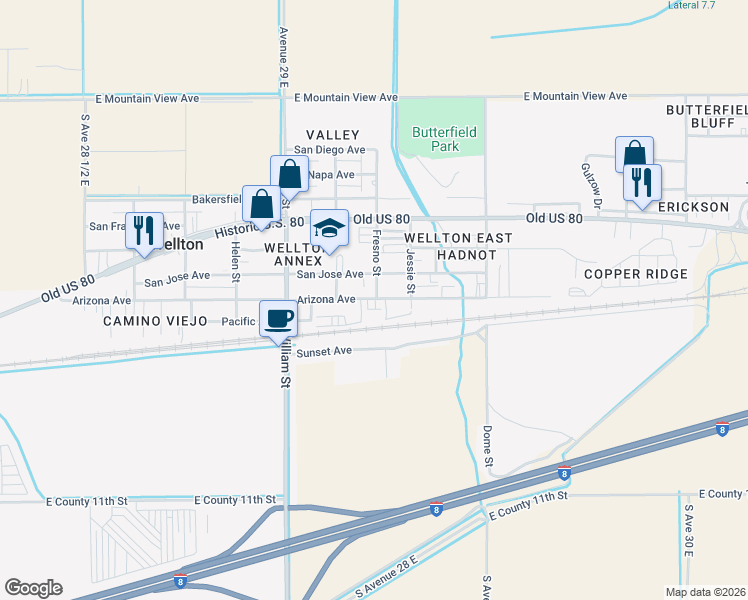 map of restaurants, bars, coffee shops, grocery stores, and more near 29301 San Jose Avenue in Wellton